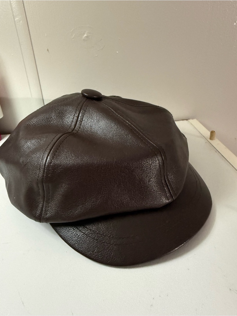 Womens Brown Leather Newsboy Cap